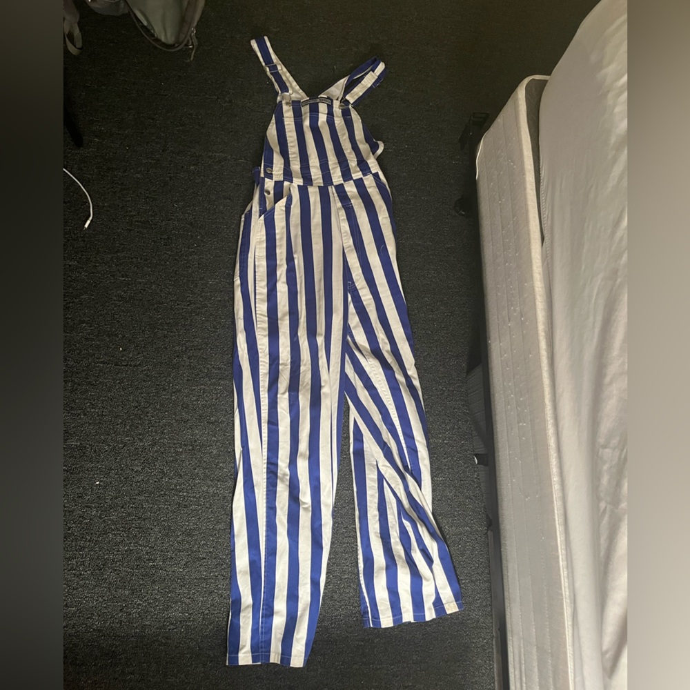Royal blue and white striped gamebibs overalls